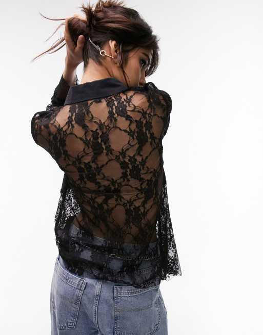 Black Collared Top - Sheer Lace Top - Long Sleeve Button-Up Top