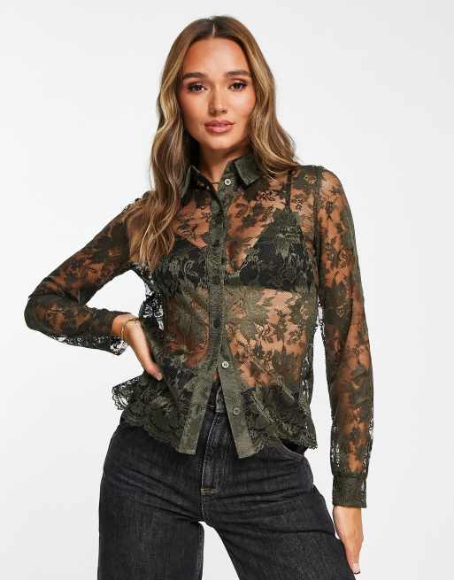 Black Collared Top - Sheer Lace Top - Long Sleeve Button-Up Top