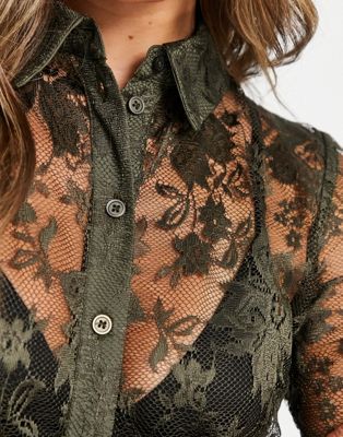 Topshop sheer lace shirt in khaki | ASOS