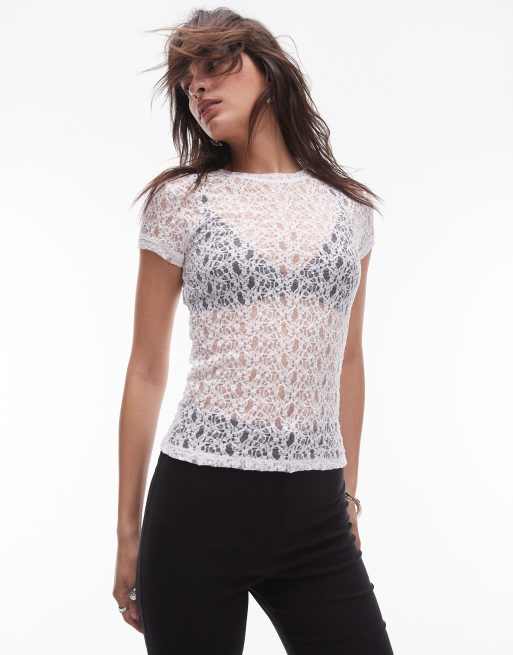 Topshop sheer lace tee in white