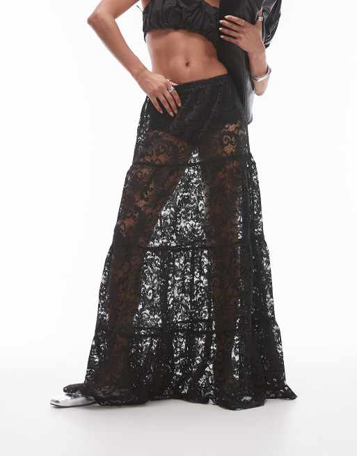 Black lace skirt long hotsell