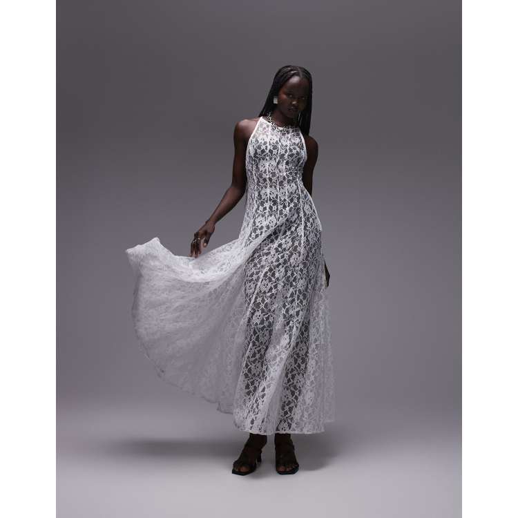 Topshop sheer lace volume hem midi dress in white | ASOS