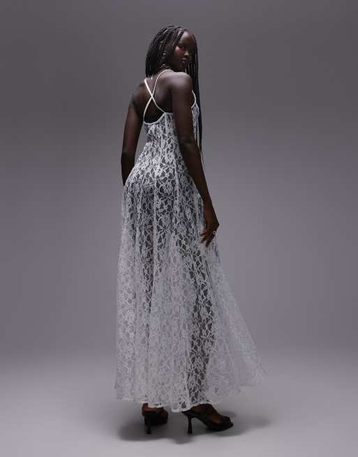 Topshop sheer lace volume hem midi dress in white, 3 of 4