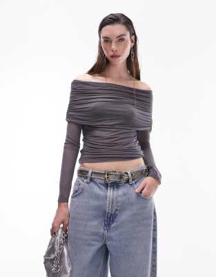 Topshop Sheer Long Sleeve Bardot Top In Charcoal-gray