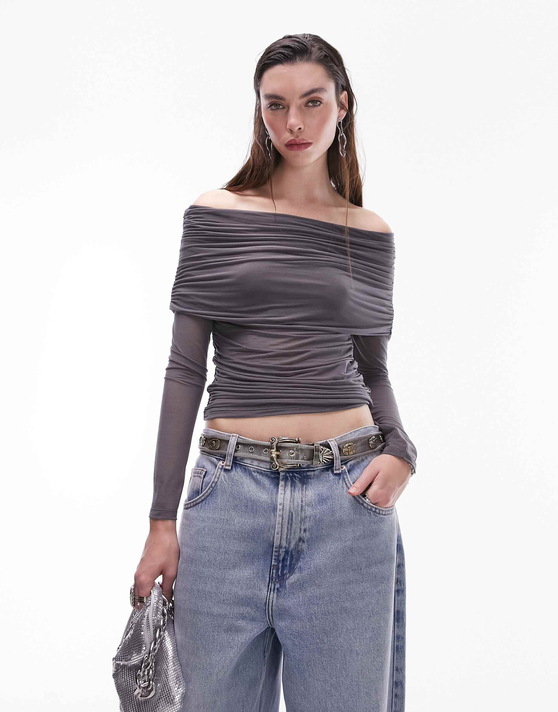 topshop sheer long sleeve bardot top in charcoal