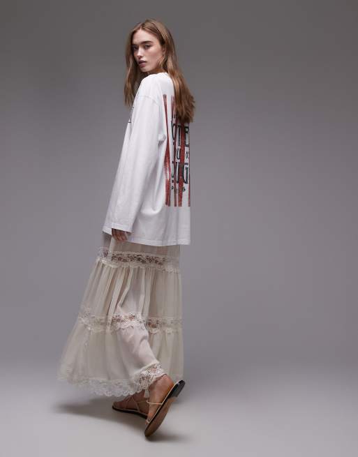 Topshop sheer maxi dress with lace inserts in ivory, 4 of 4