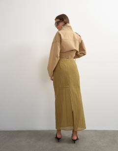 Model wearing Sheer maxi skirt in khaki