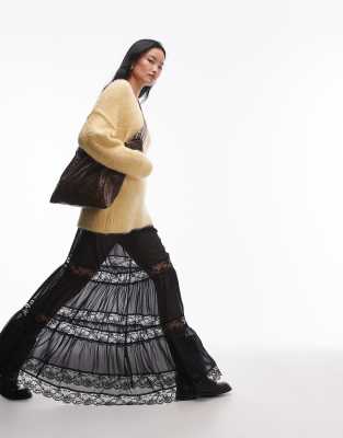 Topshop sheer maxi skirt with lace inserts in black