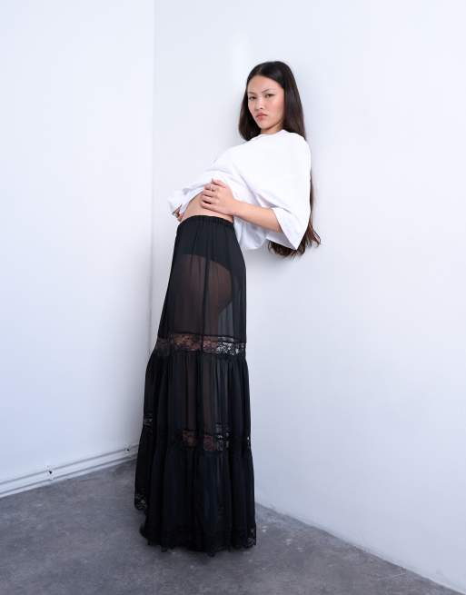 Topshop sheer maxi skirt with lace inserts in black