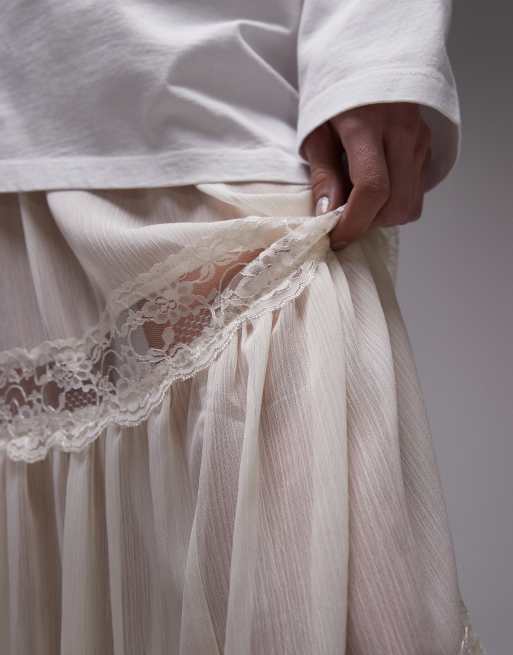 Topshop sheer maxi skirt with lace inserts in ivory, 2 of 4