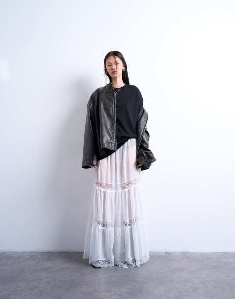 Topshop sheer maxi skirt with lace inserts in ivory - view 1