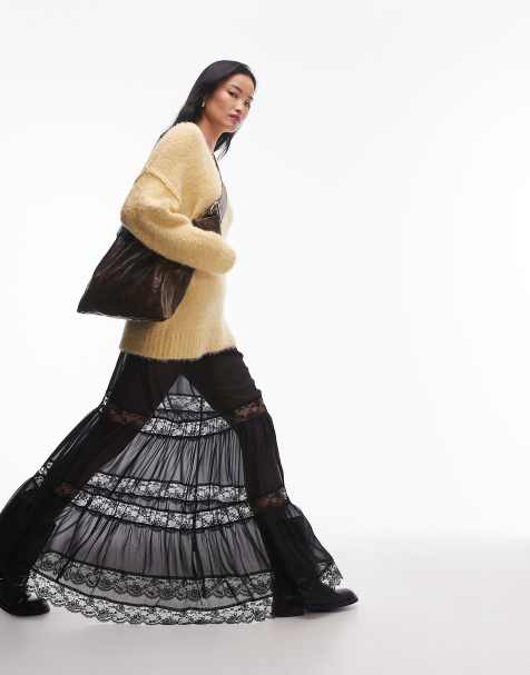 Topshop sheer maxi with lace inserts in black - view 1
