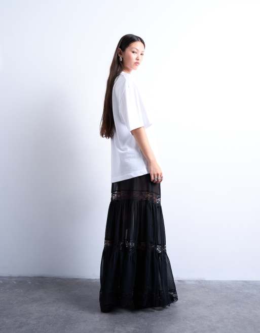 Topshop sheer maxi skirt with lace inserts in black