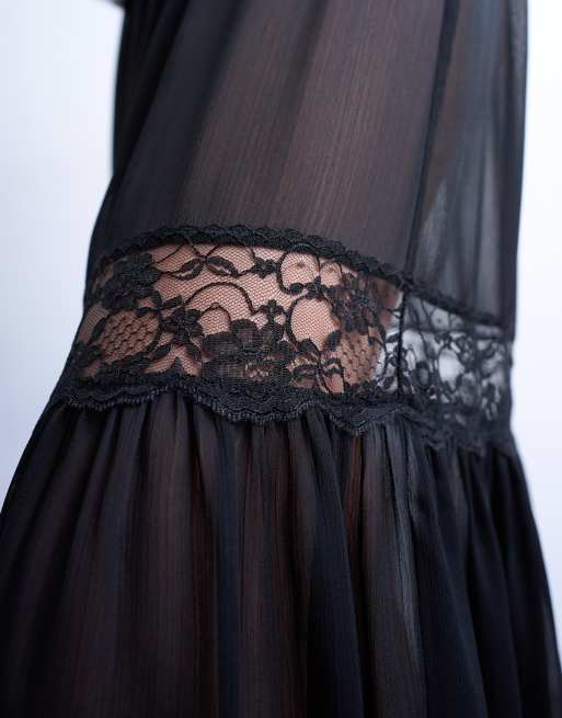 Topshop sheer maxi skirt with lace inserts in black