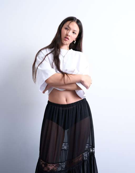 Topshop sheer maxi skirt with lace inserts in black