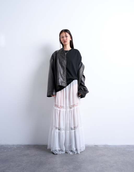 Topshop sheer maxi with lace inserts in ivory