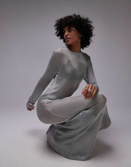 Topshop sheer metallic long sleeve dress in silver | ASOS