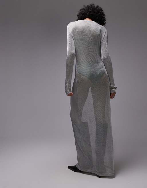 Topshop sheer metallic long sleeve dress in silver | ASOS