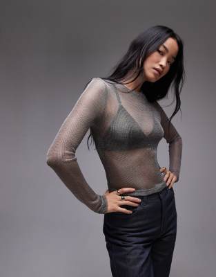 Topshop Sheer Metallic Long Sleeve Top In Gunmetal-multi In Multi