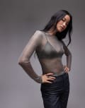 [Topshop] Topshop sheer metallic long sleeve top in gunmetal-Multi XS Gunmetal
