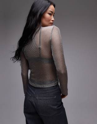 Topshop sheer metallic long sleeve top in gunmetal