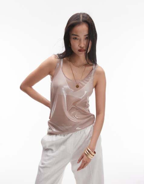 Topshop sheer metallic tank in dusty pink - view 1