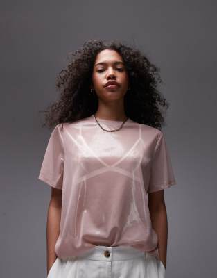 Topshop Sheer Metallic Tee In Pink