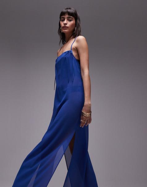 Topshop sheer midi dress with bow detail in blue - view 1