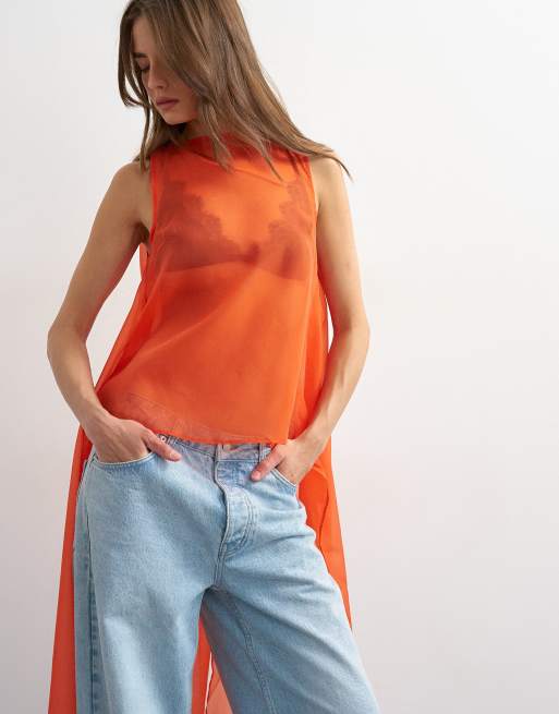 Topshop sheer organza drape tunic top in fiery orange, 2 of 4