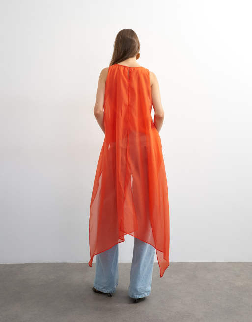 Topshop sheer organza drape tunic top in fiery orange, 4 of 4