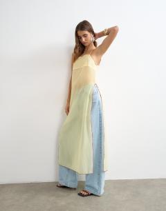 Model wearing Sheer organza longline cami in lemon with red tipping