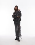 [Topshop] Topshop sheer panel bias maxi skirt with ruffle in grungy check-Multi 12 MULTI
