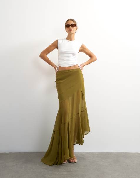 Topshop sheer paneled asymmetrical maxi skirt in green - view 1