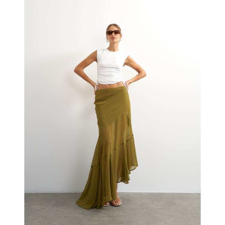 Topshop sheer paneled asymmetrical maxi skirt in green | ASOS