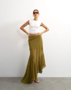Sheer panelled asymmetrical maxi skirt in green