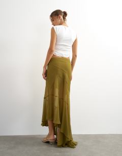 Model wearing Sheer panelled asymmetrical maxi skirt in green