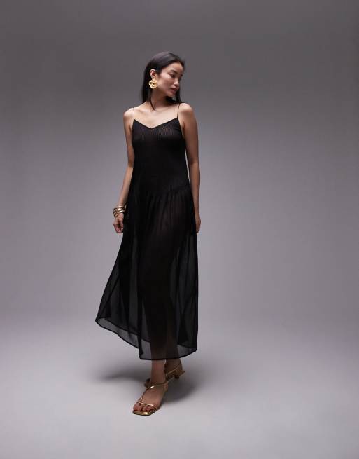 Topshop sheer pintuck waist maxi dress in black