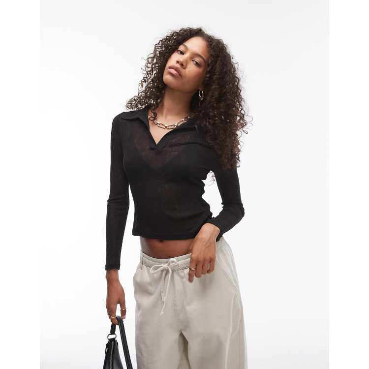 Topshop sheer polo long sleeve in black | ASOS