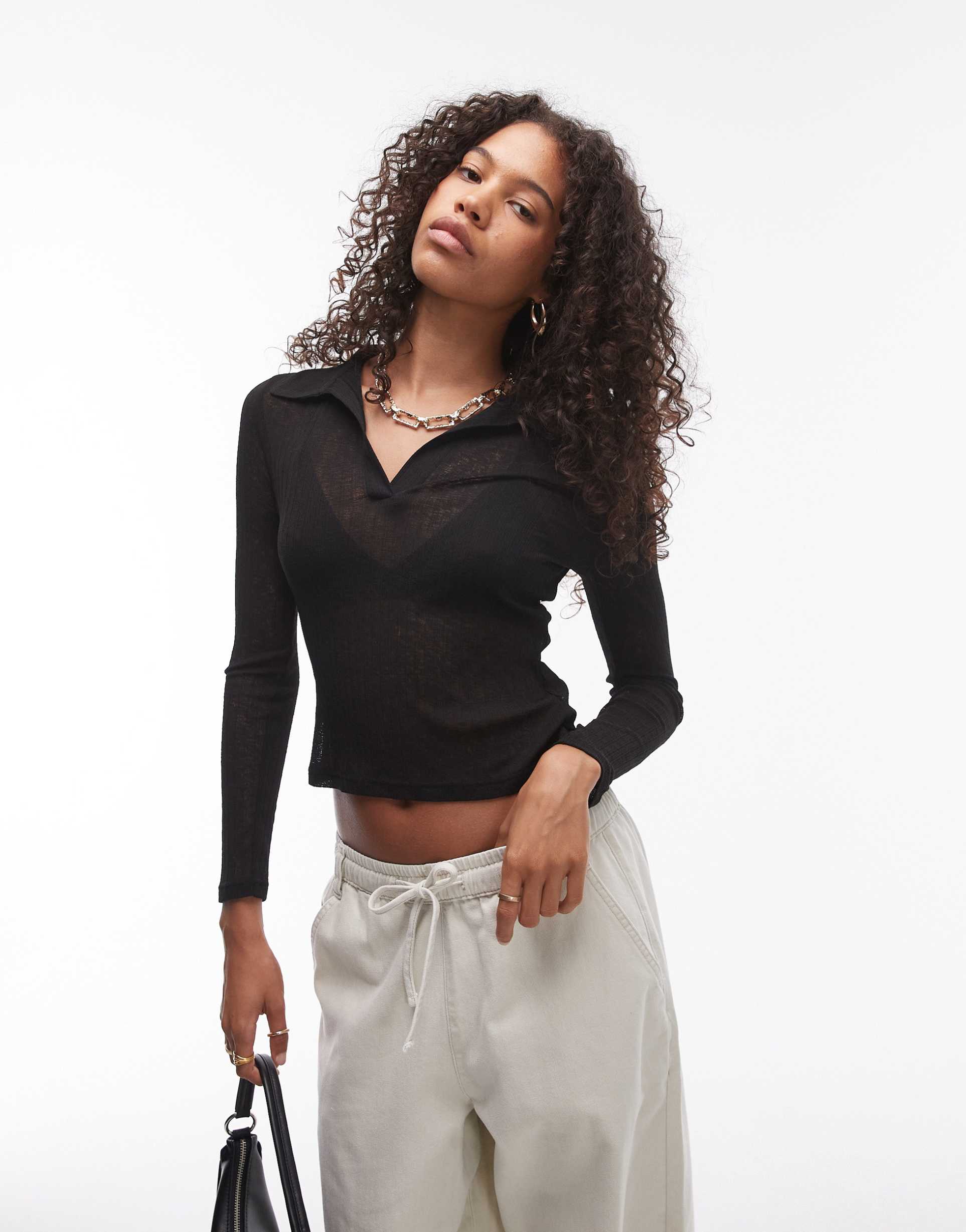 topshop sheer polo long sleeve in black