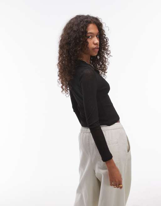 Topshop sheer polo long sleeve in black | ASOS