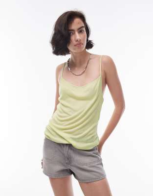 Topshop Sheer Ribbed Cami In Lime-green