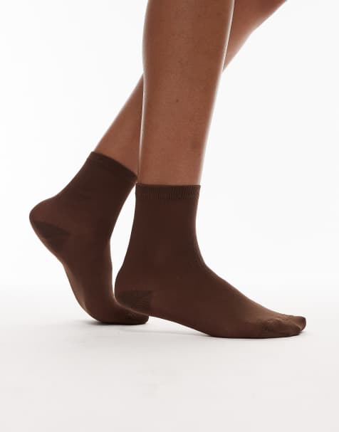 Topshop sheer ribbed socks in chocolate - view 1