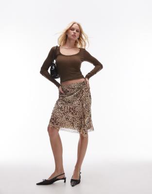 sheer ruched side ruffle 90s length skirt in animal print-Brown