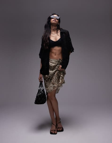 Topshop sheer ruched side ruffle 90's length skirt in leopard print - view 1