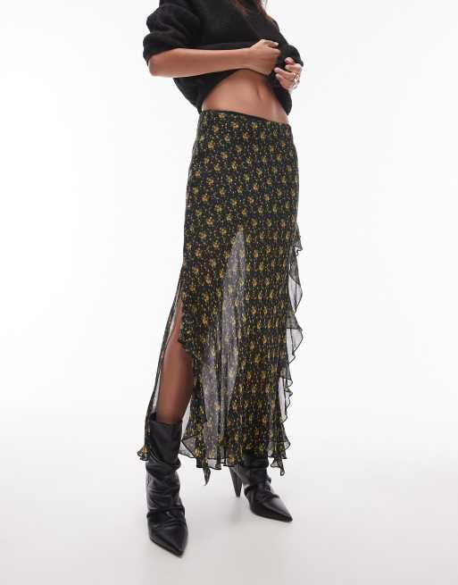 Topshop Sheer Ruffle Maxi Skirt in Vintage Mustard floral Multi
