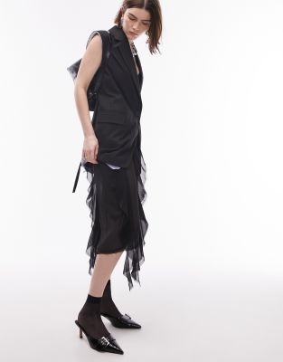 sheer ruffle midi skirt with raw edging in black