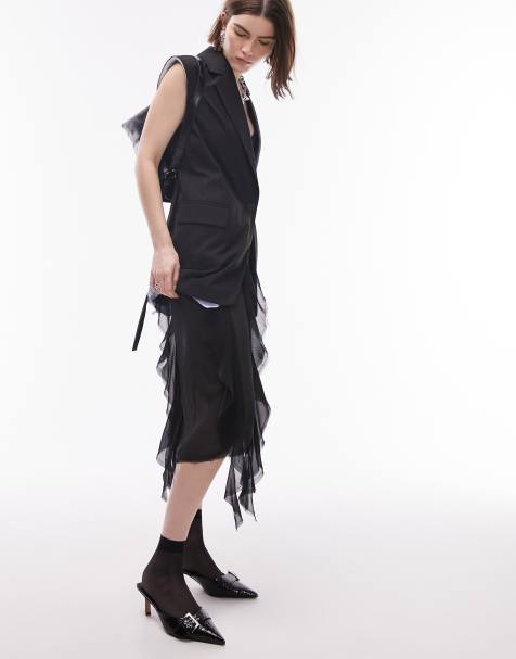 Topshop sheer ruffle midi skirt with raw edging in black - view 1
