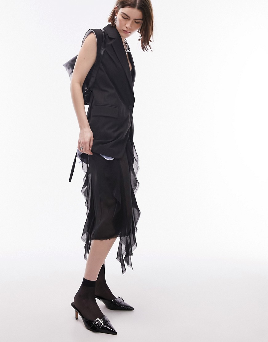 Topshop sheer ruffle midi skirt with raw edging in black