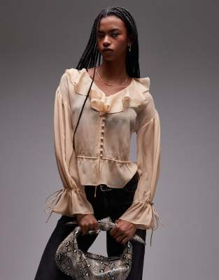 Shop Topshop Sheer Ruffle Tie Front Top In Neutral