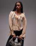 [Topshop] Topshop sheer ruffle tie front top in beige-Neutral 16 BEIGE